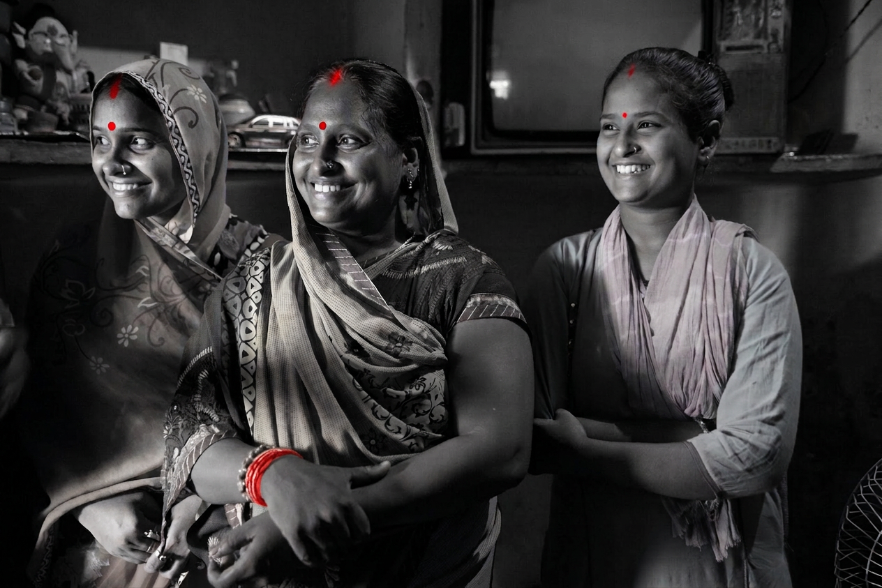 Three women from rural India smiling — sindoor and bangles in red, the rest in black and white