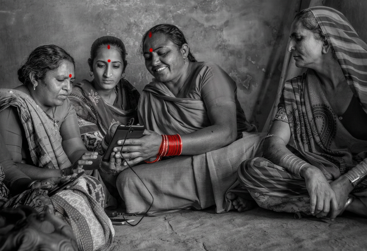Three women from rural India — sindoor and bangles in red, the rest in black and white — representing the communities India Action Project serves